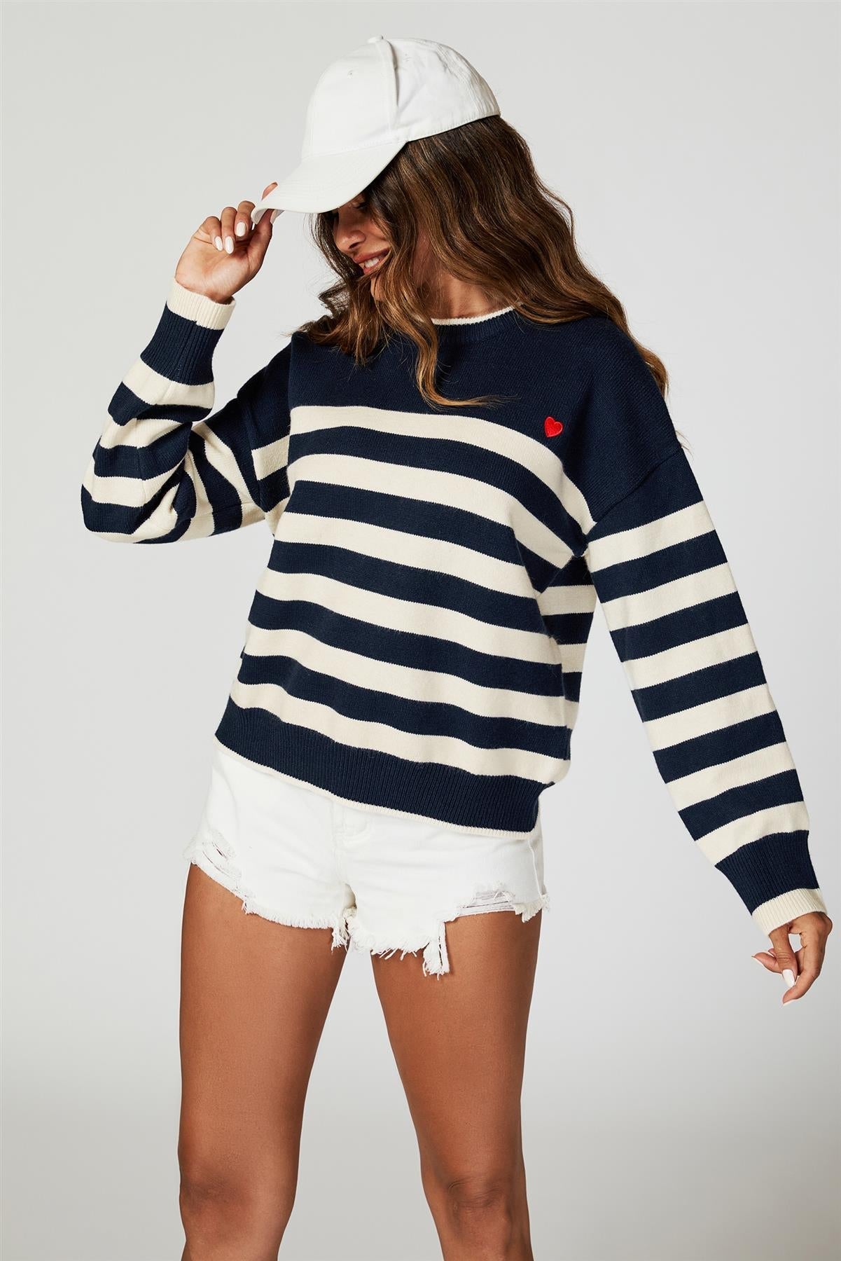 Stripe Jumper with Heart Embroidery In Navy