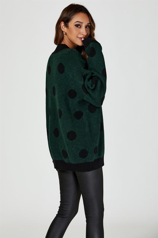 Wool Blended V Neck Jumper In Green & Black Polka Dot