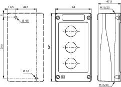 Tómt kassa frá Baco í B-flokki, 3-hólfa tómt kassa, grátt/svart, IP66, 3 festingarstaðir