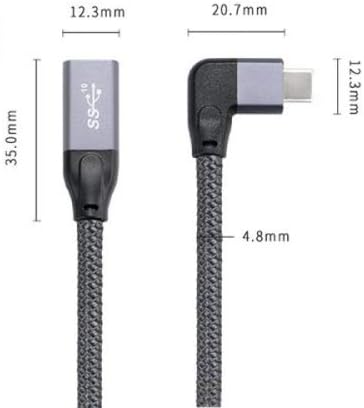 SYSTEM-S USB 3.1 snúra 20 cm Tegund C karlkyns í kvenkyns fléttuð hornsnúra í gráu
