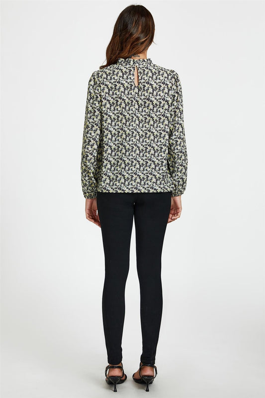 Multi Floral Print Frill Detail High Neck Top In Yellow