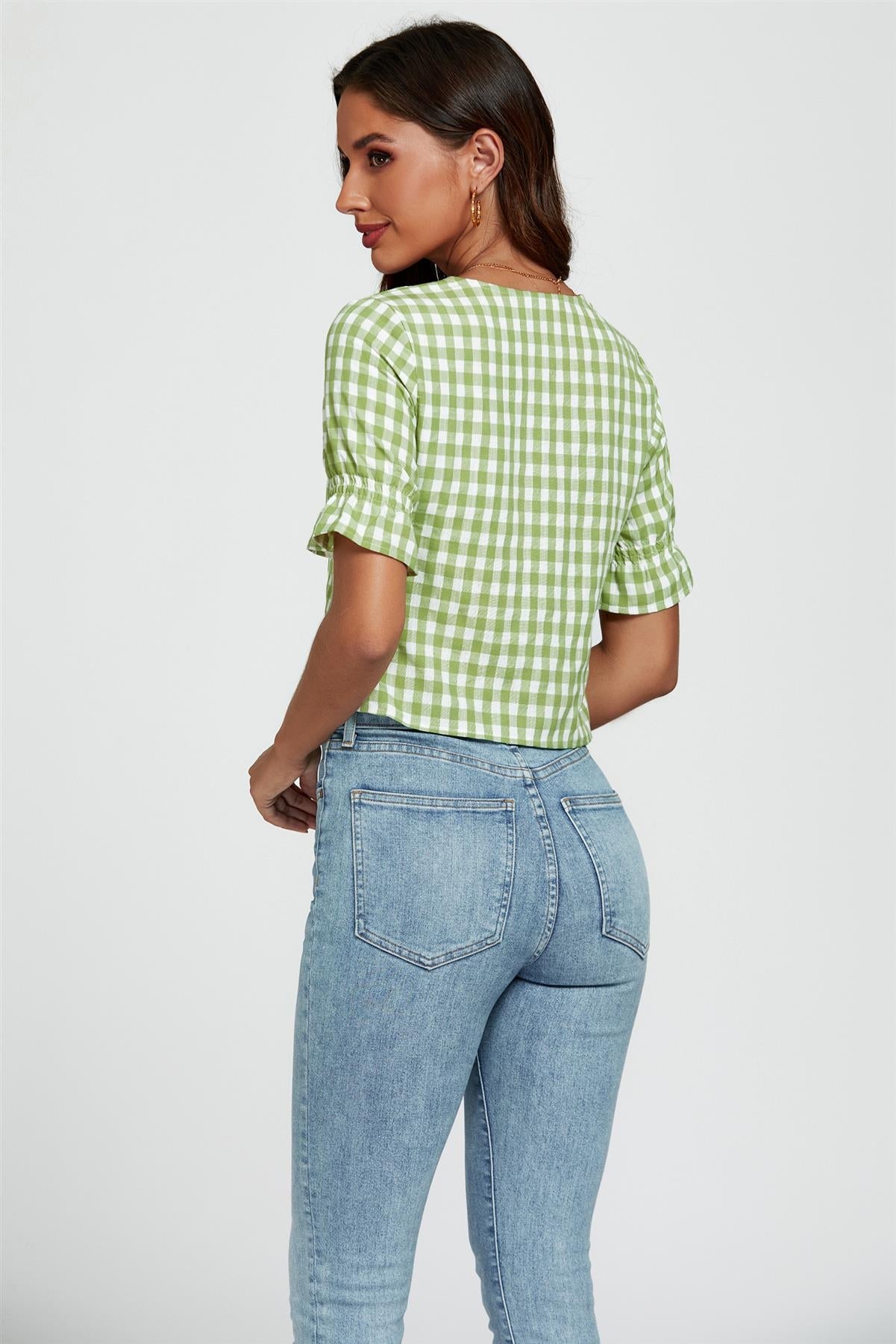 Check Print Tie Front Top In Green