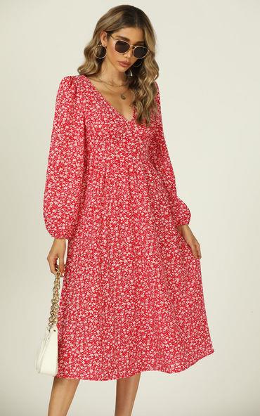 Button Down V Neck Long Sleeve Midi Dress In Red Floral Print