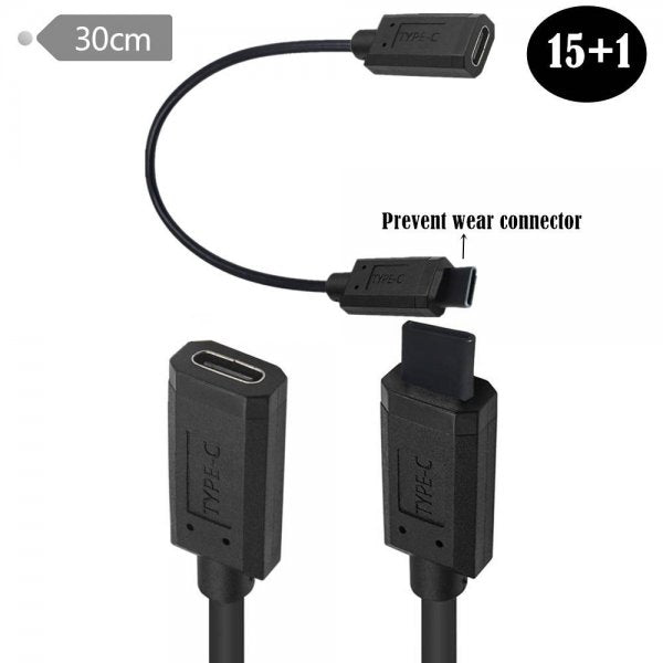 SYSTEM-S USB 3.1 Gen 2 Type C snúra 30 cm karlkyns í kvenkyns 10 Gbit/s 100W rispuvörn