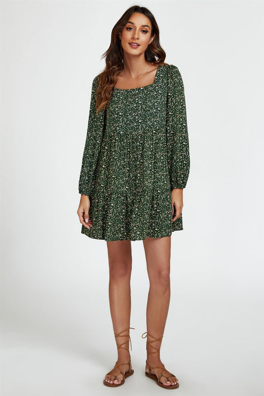 Little Floral Print Square Neck Mini Dress In Olive Green