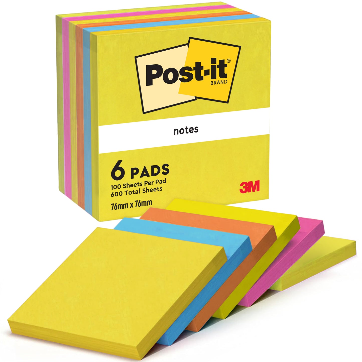 Post-it® Notes, Energetic Collection, 76 mm x 76 mm, 100 Blatt/Block, 6 Blöcke/Packung, 100% PEFC, SGSCH-PEFC-COC-110078 | Packung (1 Stück)