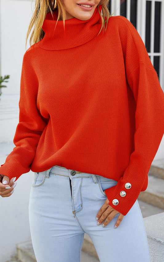 Button Detail On Sleeve Jumper Top With High Neck In Orange Red