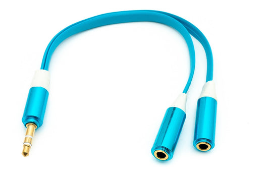 SYSTEM-S Hljóð Y-snúra 20 cm stereó AUX-tengi 3,5 mm karlkyns í 2x kvenkyns flatt í bláu