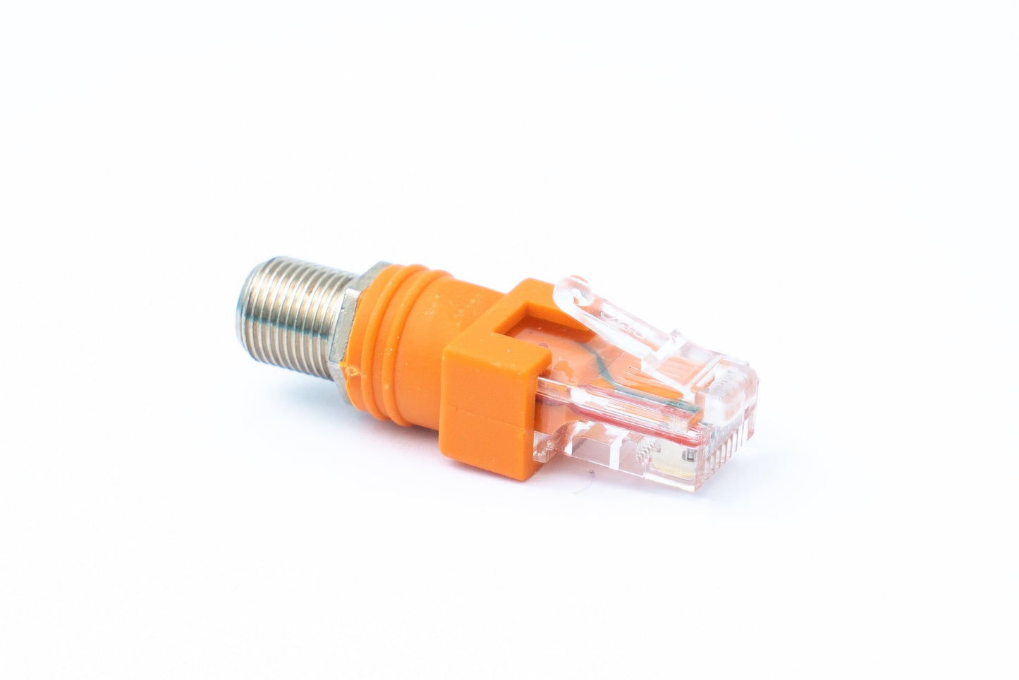 SYSTEM-S Koaxial millistykki RJ45 tengi í F-tengi 50 Ohm snúru í appelsínugulum lit.