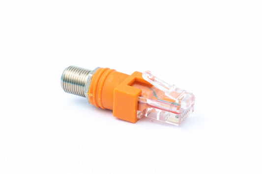 SYSTEM-S Koaxial millistykki RJ45 tengi í F-tengi 50 Ohm snúru í appelsínugulum lit.
