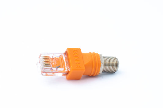 SYSTEM-S Koaxial millistykki RJ45 tengi í F-tengi 50 Ohm snúru í appelsínugulum lit.