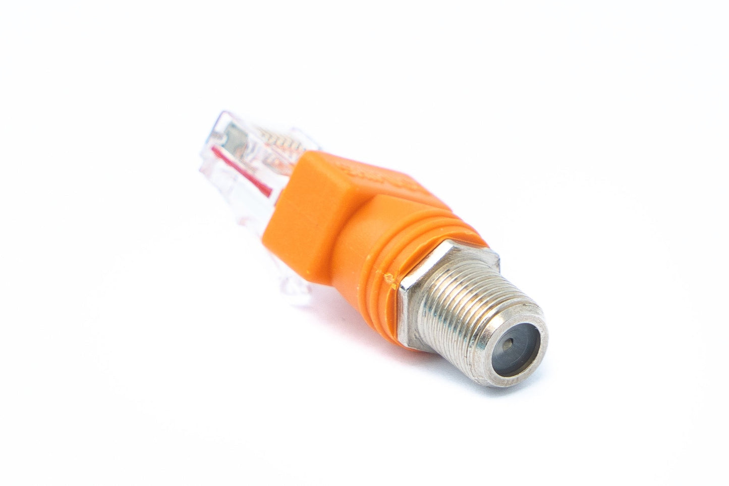 SYSTEM-S Koaxial millistykki RJ45 tengi í F-tengi 50 Ohm snúru í appelsínugulum lit.