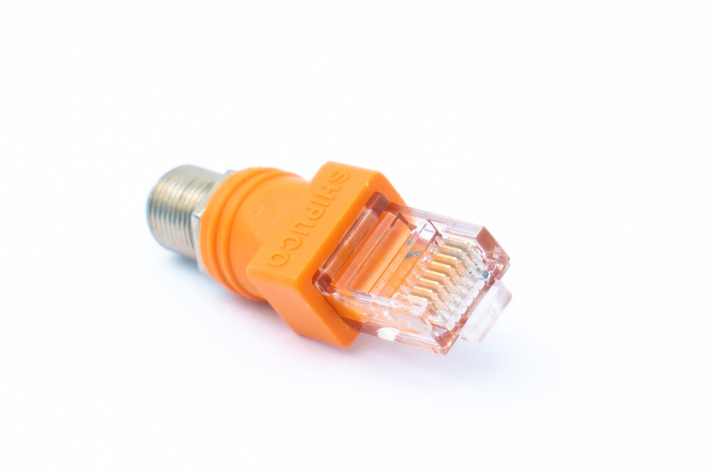 SYSTEM-S Koaxial millistykki RJ45 tengi í F-tengi 50 Ohm snúru í appelsínugulum lit.
