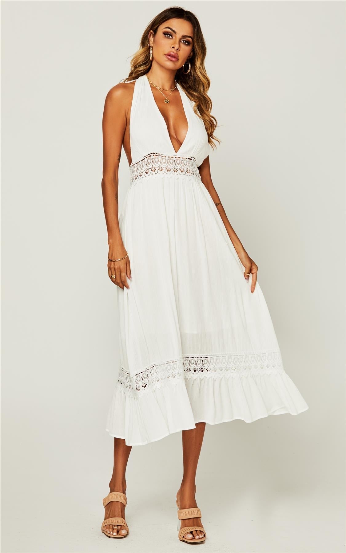 V Neck Back Tie Detail Lace Midi Dress In Ivory White