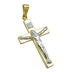 Pendant 27x16mm cross with Jesus bicolor shiny 9Kt GOLD