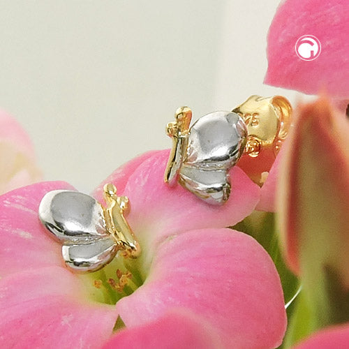 Eyrnalokkar 6x5mm fiðrildi tvílitur glansandi 9K gull