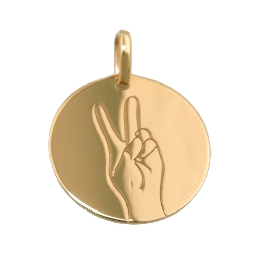 Pendant engraving plate 16mm with laser engraving Peace-Victory sign shiny 9K GOLD