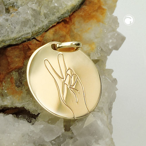 Pendant engraving plate 16mm with laser engraving Peace-Victory sign shiny 9K GOLD