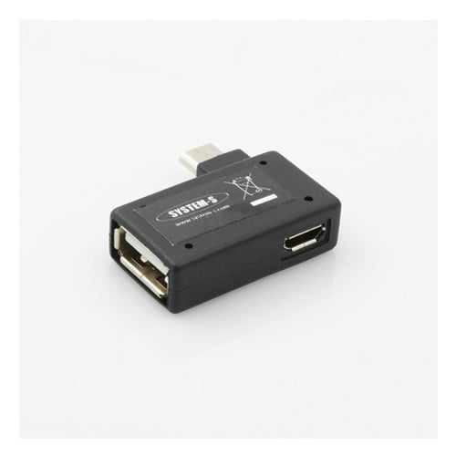 System-S 90° horntengi (rétt horn) USB í Micro USB OTG hýsingarsnúra Tenging fyrir glampadrif með auka Micro USB tengi fyrir snjallsíma og spjaldtölvu