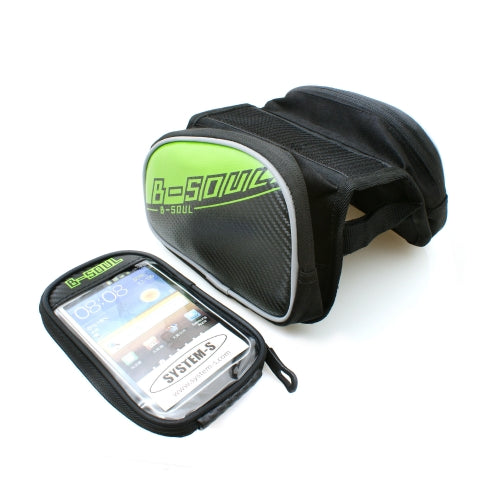 System-S Bicycle Bag Tool Bag 2 chambers (each approx. 180 x 19 x 125mm) for bicycle frame with smartphone pocket (max. 5.5 "inch/160x80mm) Green