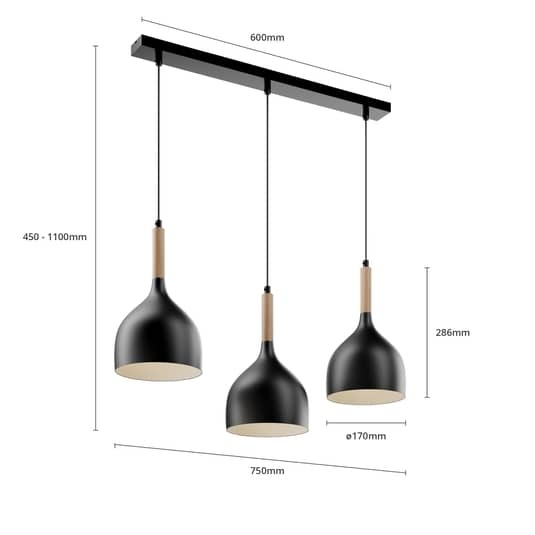 B-grade Euluna pendant lamp Noak ceiling lamp pendant lamp 3-light E27 black spotlight