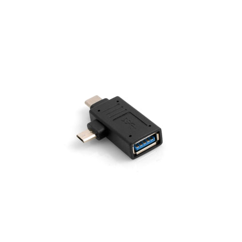 SYSTEM-S USB Type A 3.0 kvenkyns í Micro USB karlkyns og USB Type C 3.1 90° OTG hýsingarsnúra. Tenging fyrir glampadrif, snjallsíma, spjaldtölvur og tölvur.