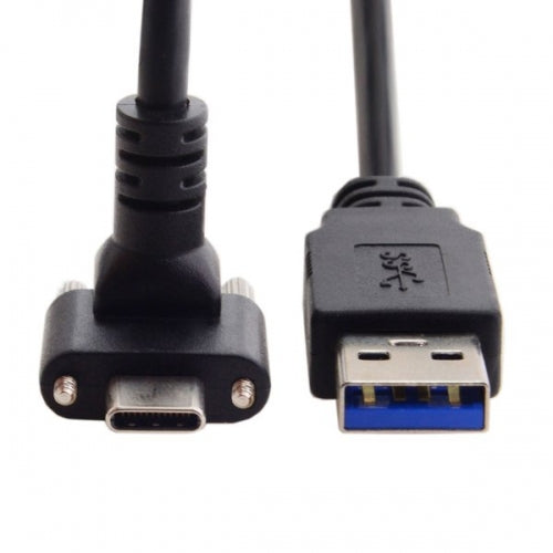 System-S USB 3.0 A karlkyns í USB Type C 3.1 karlkyns snúra með 90 gráðu horni og lásskrúfu.