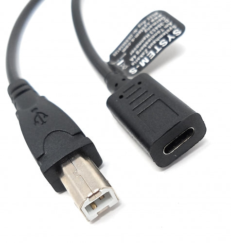 SYSTEM-S USB 3.1 snúra 25 cm Type C kvenkyns í Type B karlkyns millistykki í svörtu