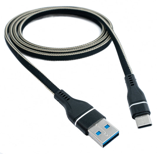 SYSTEM-S USB 3.1 snúra 1 m Type C tengi í 3.0 Type A tengi, flatfléttuð í svörtu