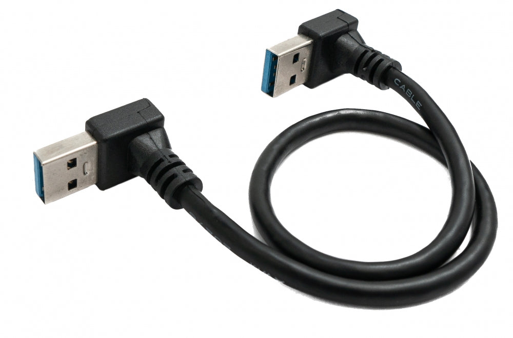 USB 3.0 snúra, 30 cm, karlkyns í karlkyns, vinklaður í svörtu.