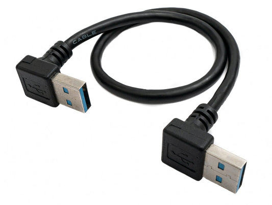 USB 3.0 snúra, 30 cm, karlkyns í karlkyns, vinklaður í svörtu.