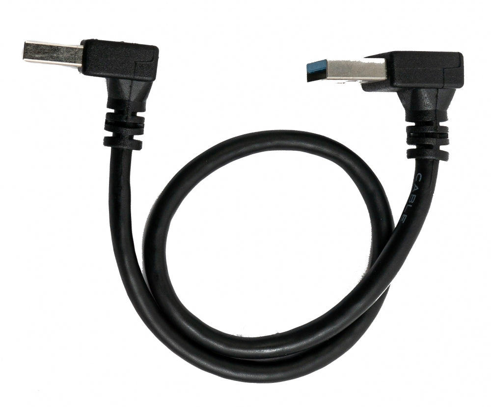 USB 3.0 snúra, 30 cm, karlkyns í karlkyns, vinklaður í svörtu.