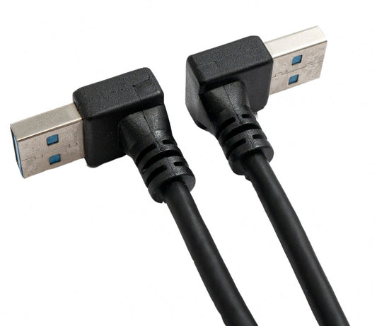 USB 3.0 snúra, 30 cm, karlkyns í karlkyns, vinklaður í svörtu.