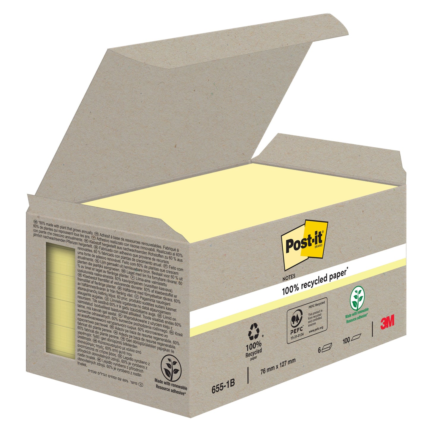 Post-it® Recycling Notes, Gelb, 76 mm x 127 mm, 100 Blatt/Block, 6 Blöcke/Packung, 100% PEFC, SGSCH-PEFC-COC-110078 | Packung (1 Stück)