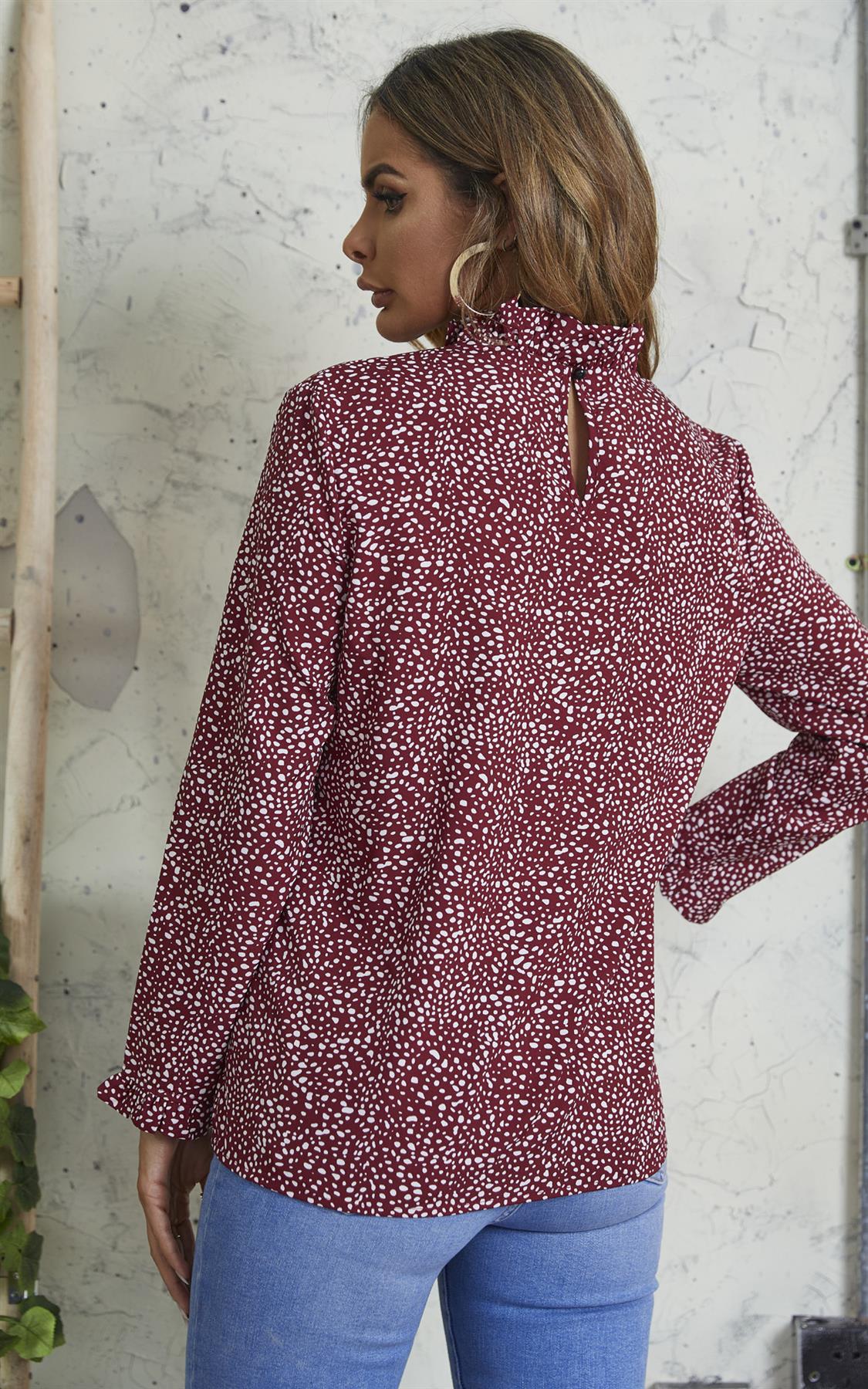 Frill Detail High Neck Top In Wine Red & White Animal Print
