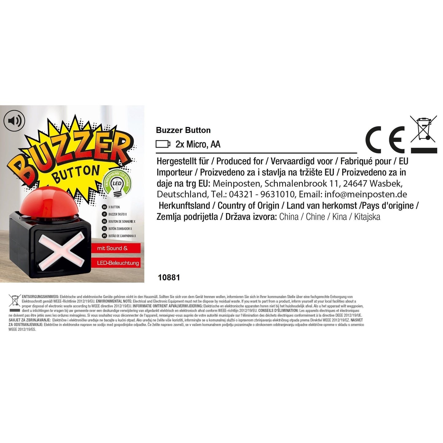 Buzzer mit Sound XL Button Alarmknopf Licht Quiz Quizspiel Party Spieleabend Duell