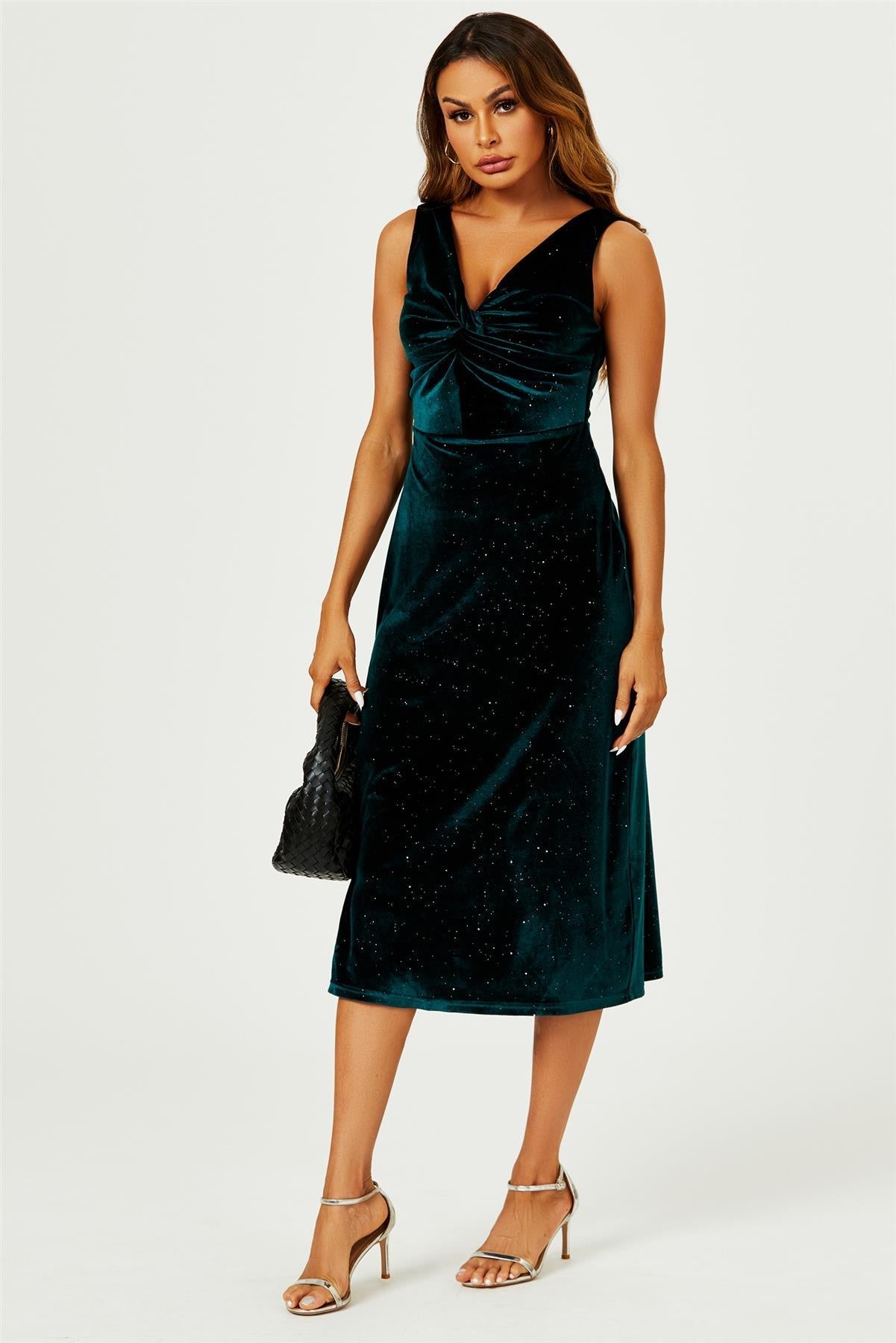 Silver Sparkly Velvet Knot Front Midi Dress In Green