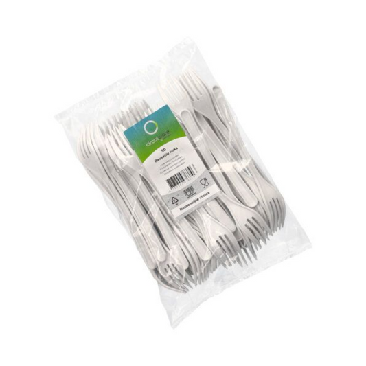 Discontinued item: Circulware by Haval reusable forks, PP 18.5 cm, white, extra strong | film (50 pieces)