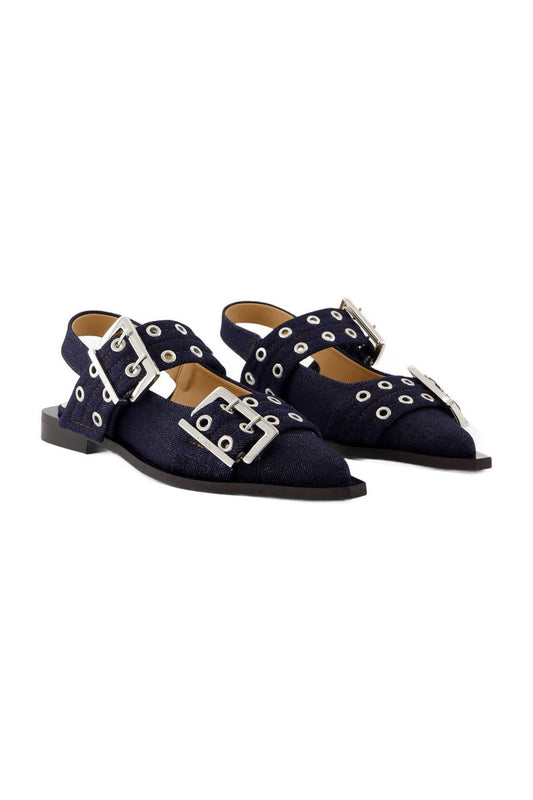 Feminine Buckle Ballerinas - Ganni - Baumwolle - Blau
