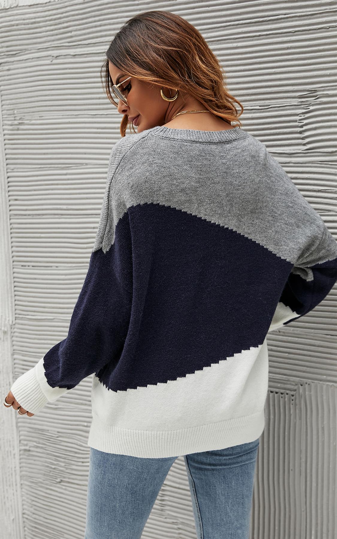 Navy & White Block Color Jumper Top In Grey