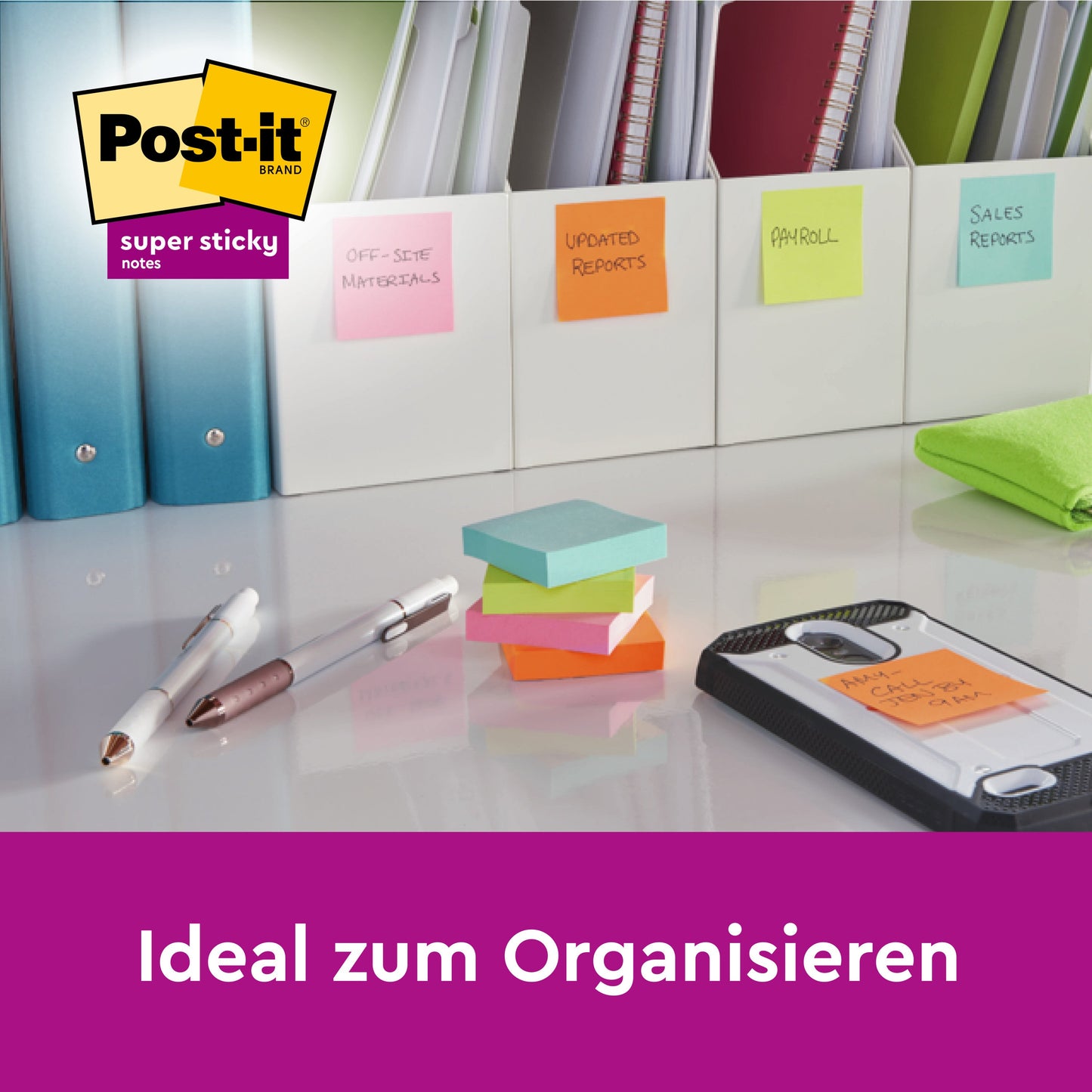Post-it® Super Sticky Notes, Verschiedene Farben, 63,5 mm x 76 mm, 90 Blatt/Block, 8 Blöcke/Packung, Kartonverpackung, 100% PEFC, SGSCH-PEFC-COC-110078 | Packung (1 Stück)