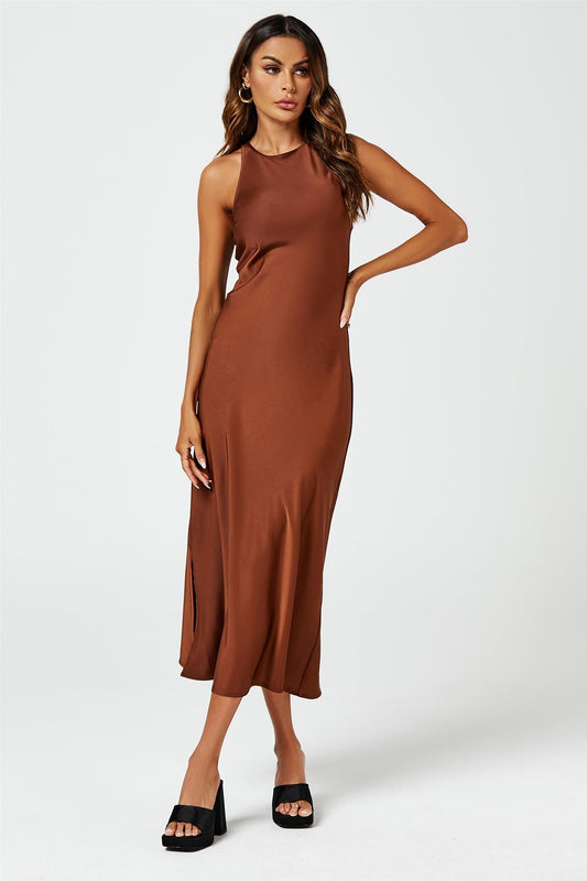 Slim Fit Satin Midi Dress In Brown