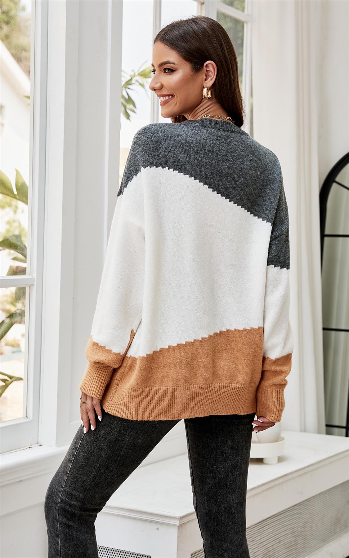 Gray & Camel Block Color Jumper Top In Beige