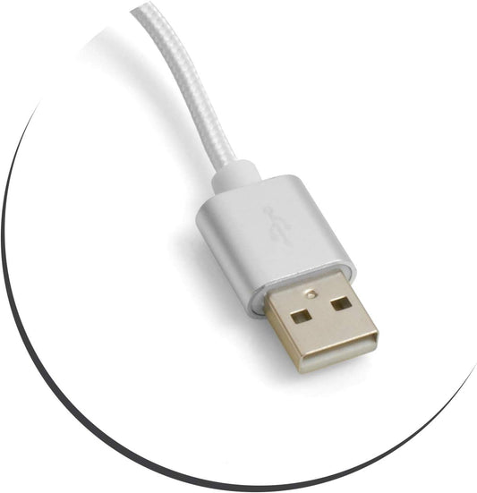 SYSTEM-S Micro USB snúra (karlkyns) í USB A 2.0 (karlkyns) millistykki gagnasnúra hleðslusnúra 25cm fléttuð nylon í hvítum og silfurlituðum lit.