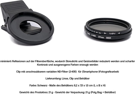 SYSTEM-S ND Vario Filter 37 mm Neutral Density Filter Gray Filter with Clip for Smartphone