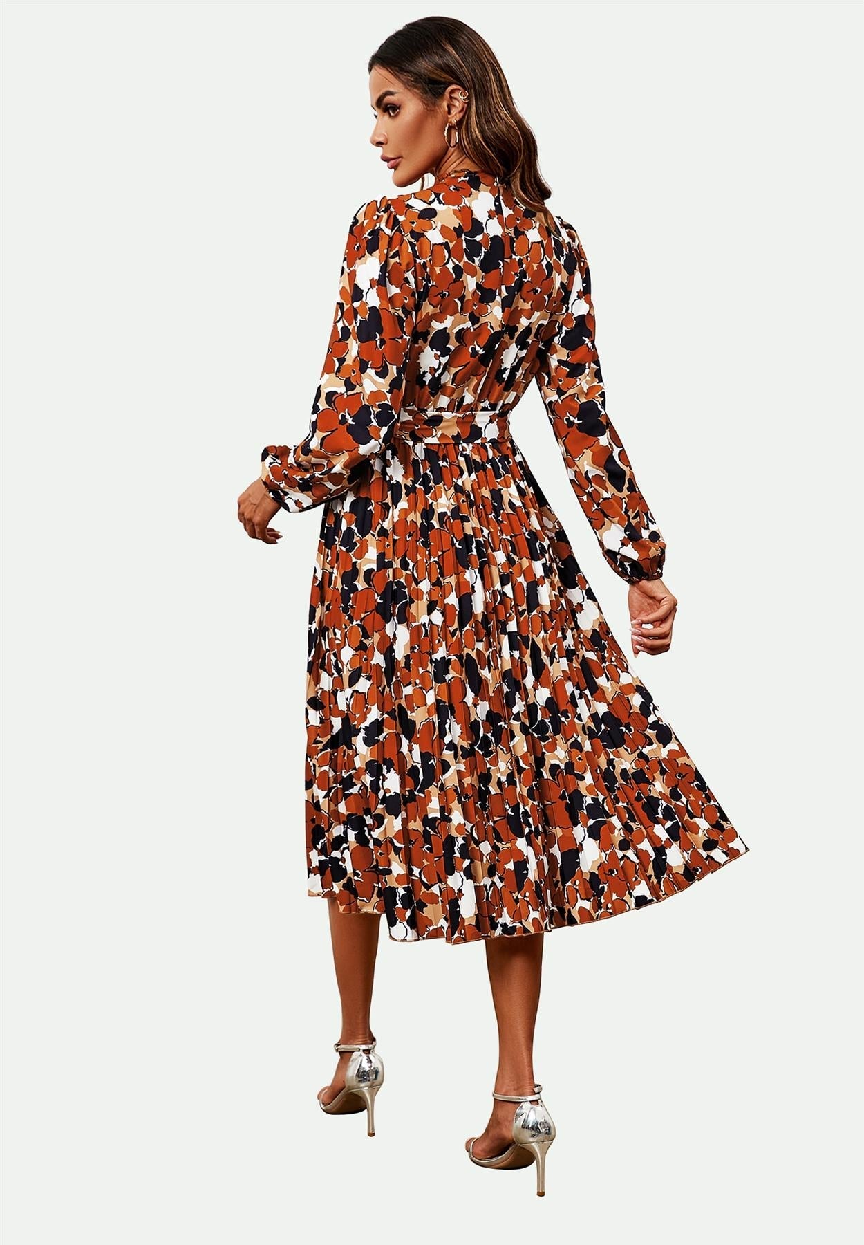 High Neck Long Sleeve Midi Dress In Rust