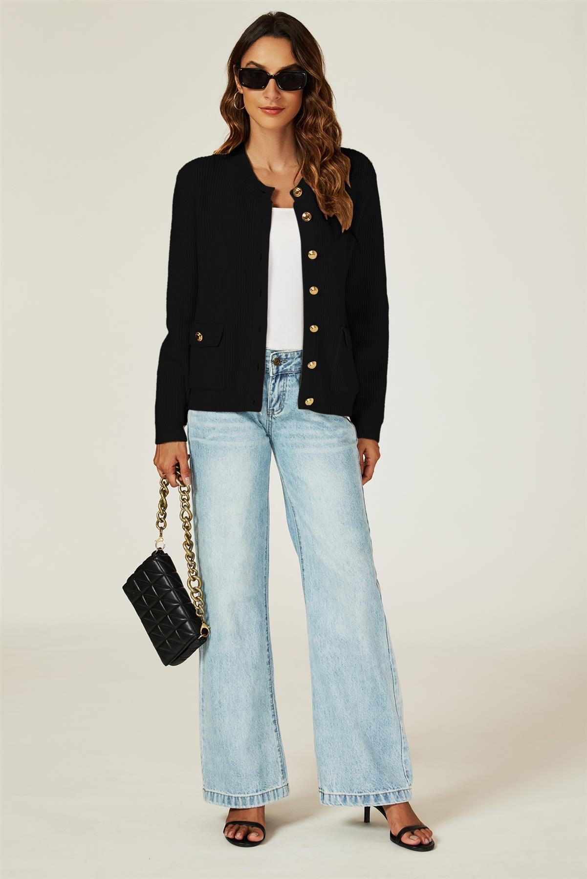 Pocket Details Knitted Cardigan In Black