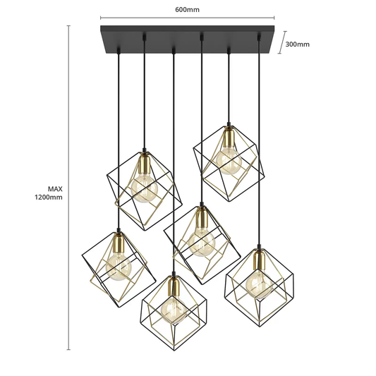 Hengilampi Alambre, á lager, 6 logar, gulllitaður/svartur, með E27 ljósi.
