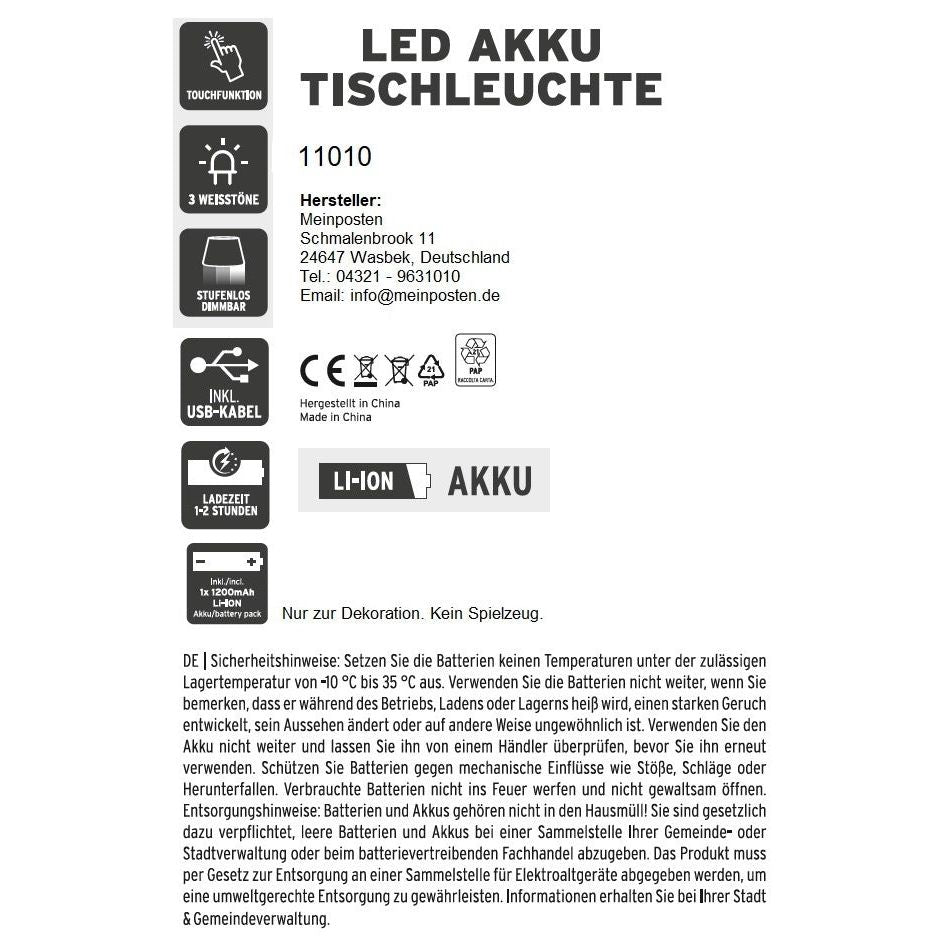 Lampe LED ohne Kabel Touch Tischleuchte Tischlampe Leuchte kabellos dimmbar