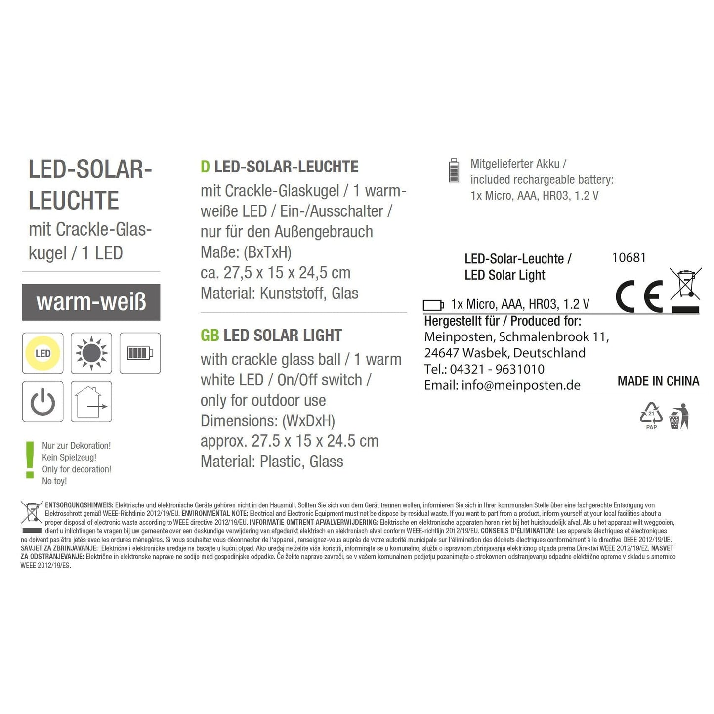 Solarleuchte MALI Solarlampe warmweiß Garten Balkon Laterne